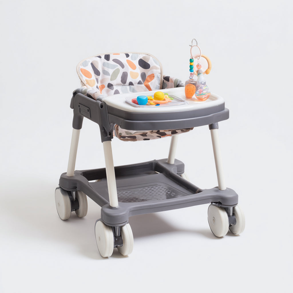 Girello per bambini - plastica-tessuto - 69x61x57 cm - grigio-bianco-beige-arancione - moderno con vassoio e ruote