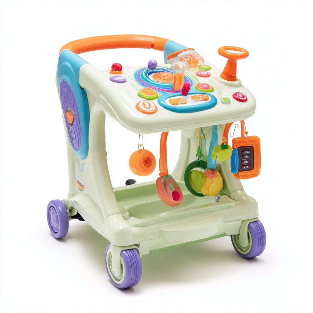 Girello per bambini - plastica - 60x44x55 cm - bianco crema-arancione-azzurro-viola - educativo con pannello attività e ruote