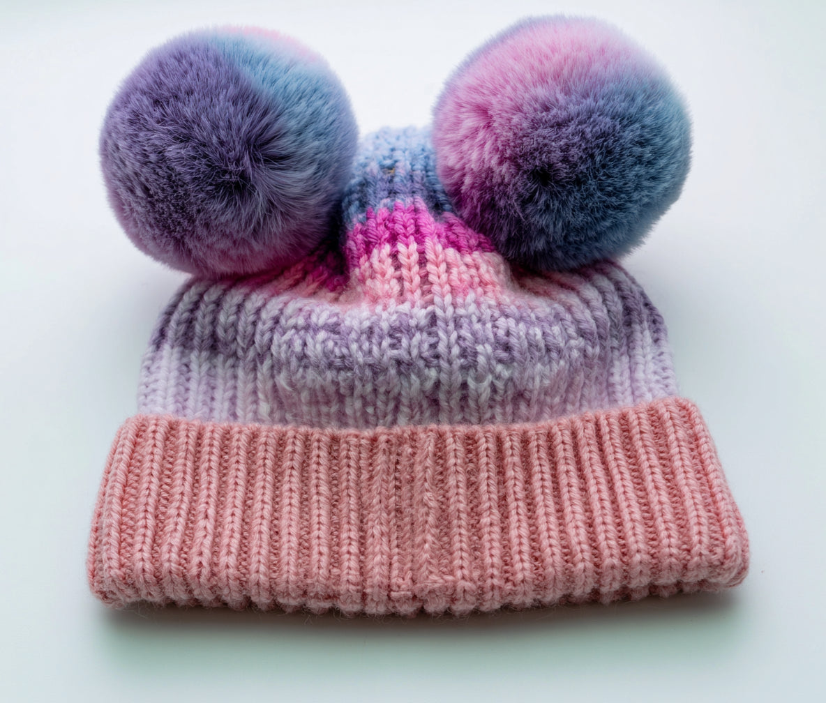 Cappelli invernali - fibra acrilica-pelliccia sintetica - 27 x 25 cm - rosa-lilla-blu-viola - stile casual con doppio pompon