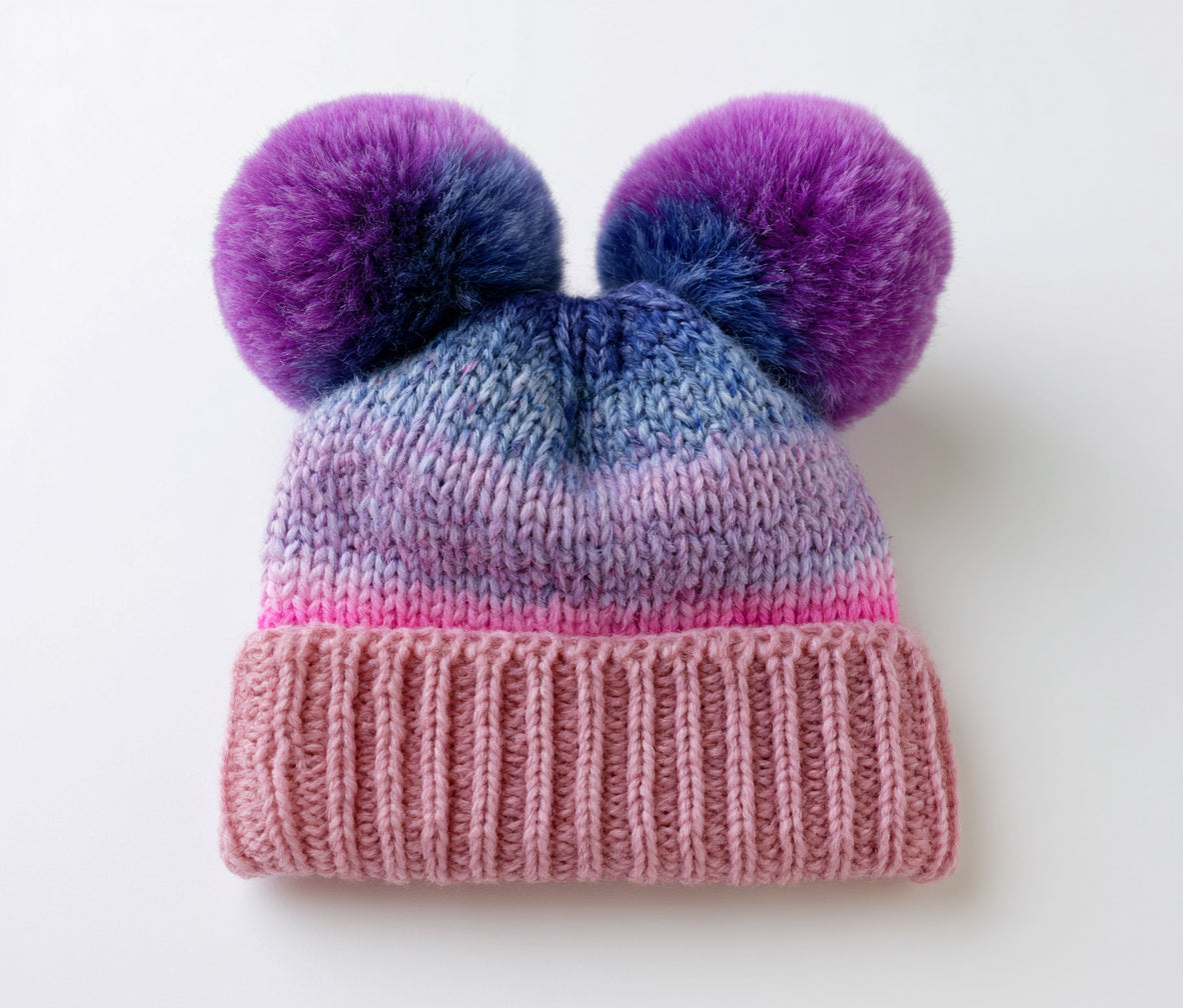 Cappelli invernali - fibra acrilica-pelliccia sintetica - 28 x 24 cm - rosa-lilla-blu-viola - stile casual con doppio pompon