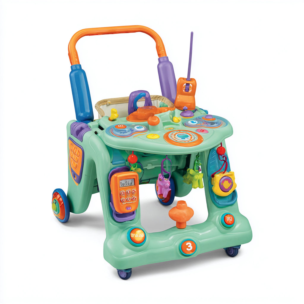 Girello per bambini - plastica-tessuto - 60x46x56 cm - verde menta-arancione-viola-blu - educativo con pannello attività e ruote