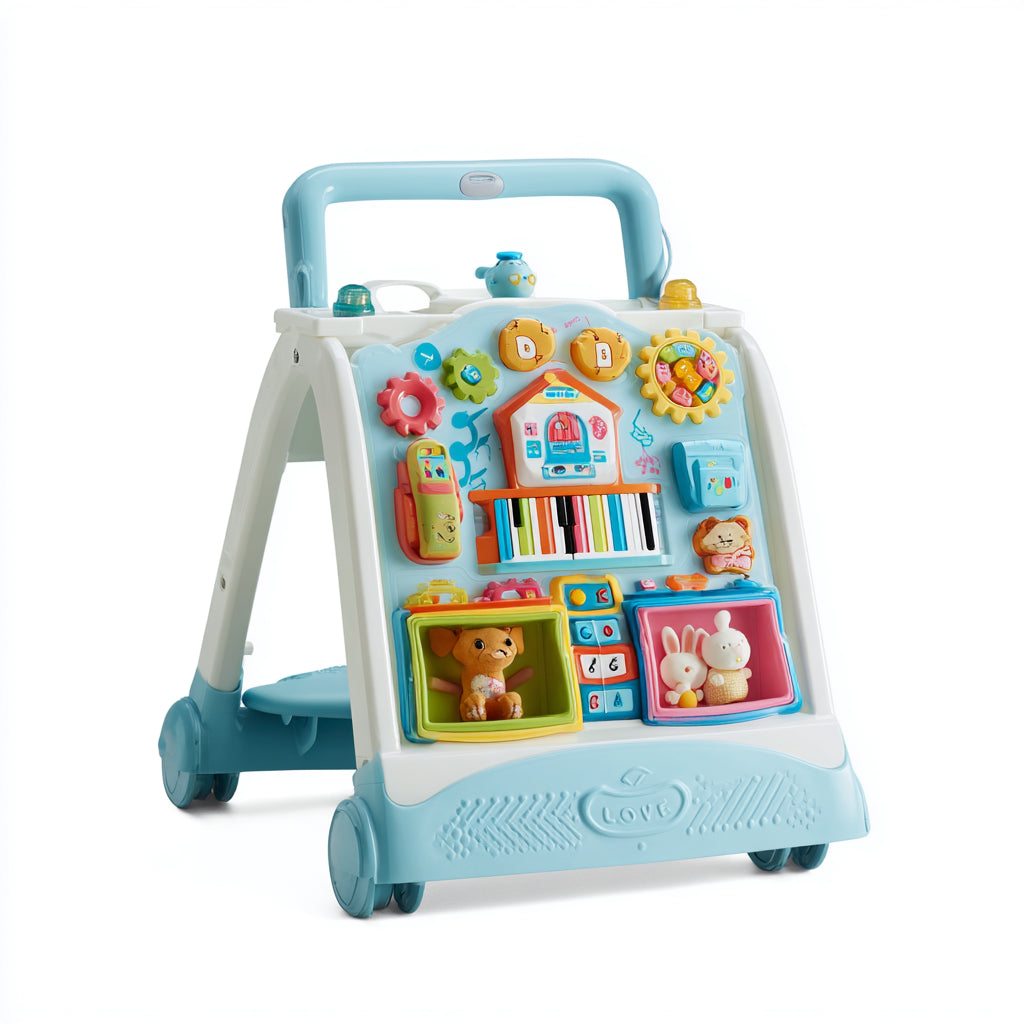 Girello per bambini - plastica - 58x42x53 cm - bianco-azzurro-arancione-giallo - educativo con pannello musicale e ruote