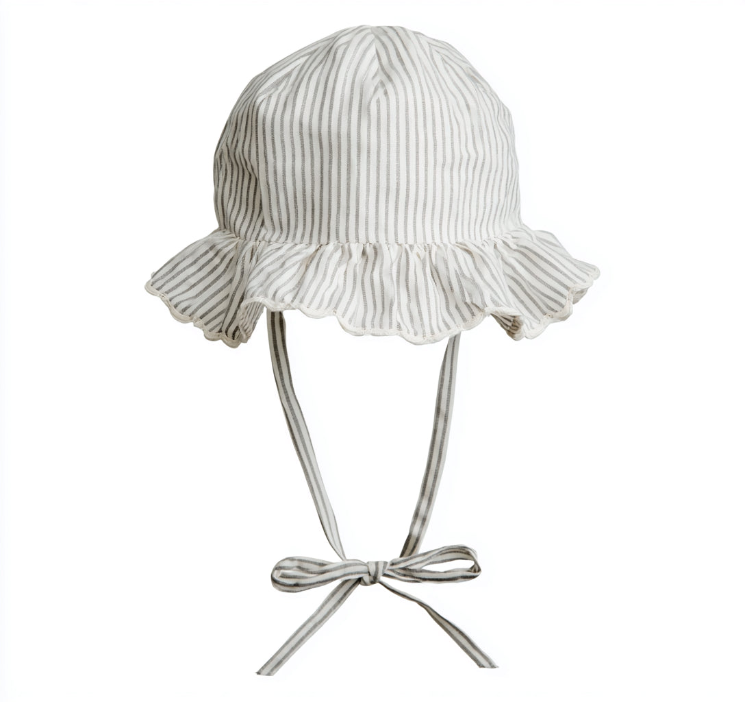 Cappellini per neonati - Cotone - 28 x 27 x 14 cm - Bianco-Grigio chiaro - A righe con tesa ondulata e lacci