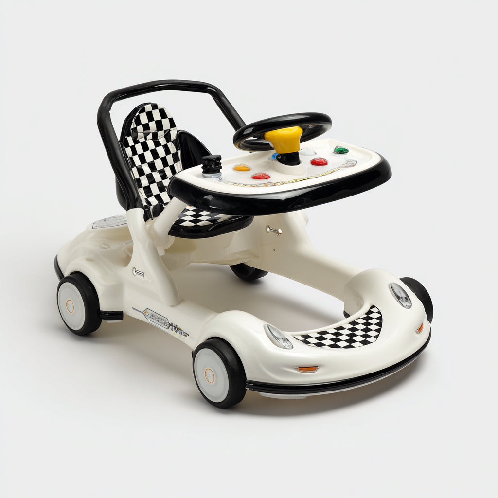 Girello per bambini - plastica-tessuto - 73x48x52 cm - bianco-nero-giallo - sportivo con volante e ruote