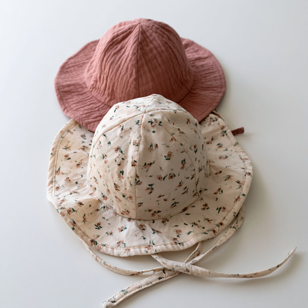 Cappellini per neonati - Cotone - 30 x 29 x 15 cm - Avorio-Rosa cipria-Verde scuro-Marrone chiaro - Stile floreale con tesa morbida e lacci