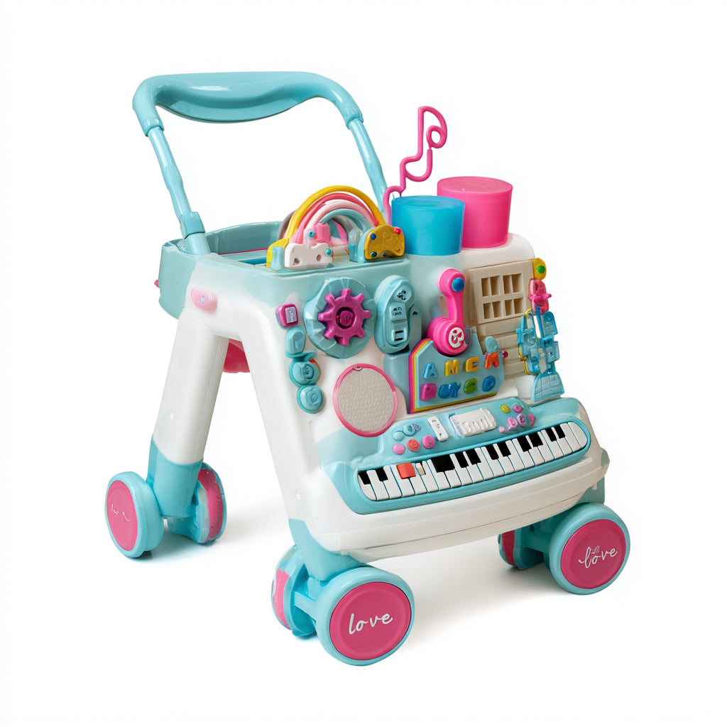 Girello per bambini - plastica - 59x45x54 cm - bianco-azzurro-rosa-giallo - educativo con pannello musicale e ruote