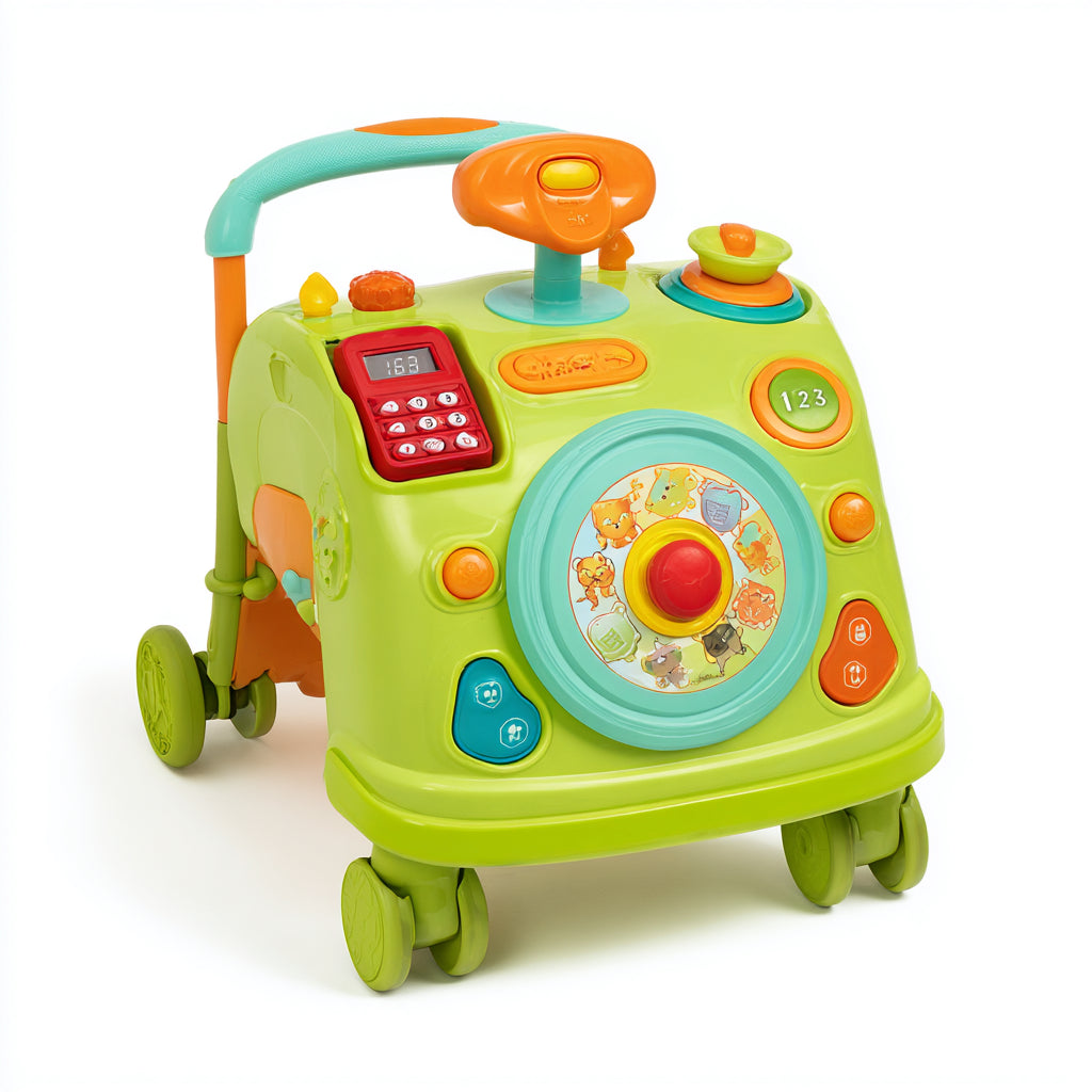 Girello per bambini - plastica - 58x42x54 cm - verde lime-turchese-arancione-rosso - educativo con pannello attività e ruote