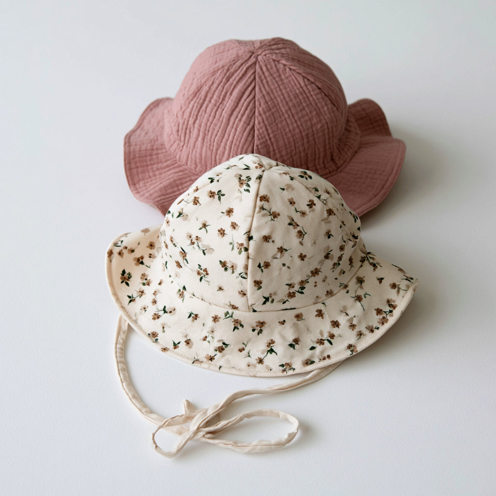 Cappellini per neonati - Cotone - 29 x 28 x 14 cm - Avorio-Rosa antico-Verde scuro-Marrone chiaro - Stile floreale e tinta unita con tesa morbida e lacci