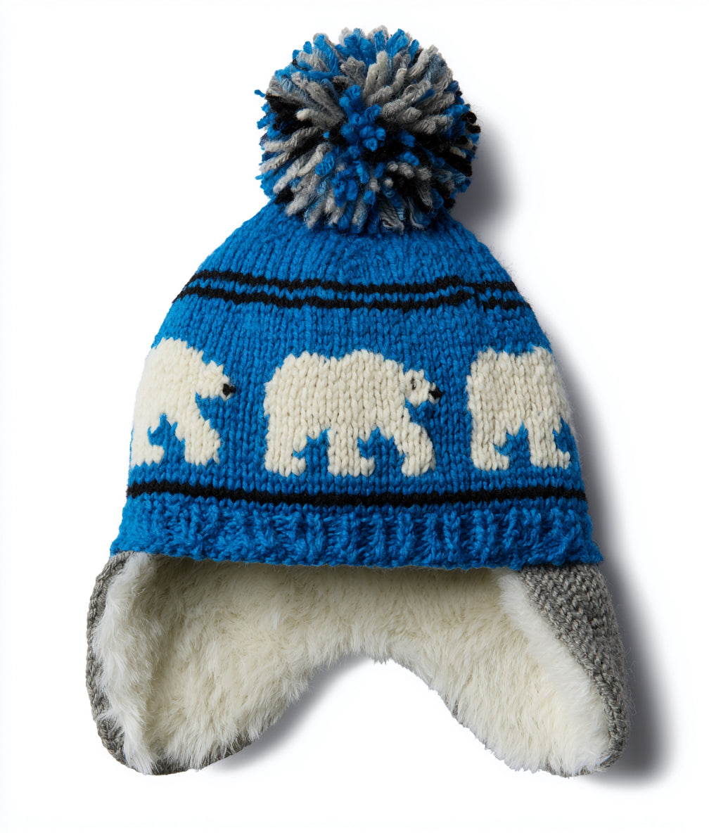 Cappelli invernali - fibra acrilica-pelliccia sintetica - 28 x 26 cm - blu-bianco-grigio-nero - stile trapper con orsetti e paraorecchie