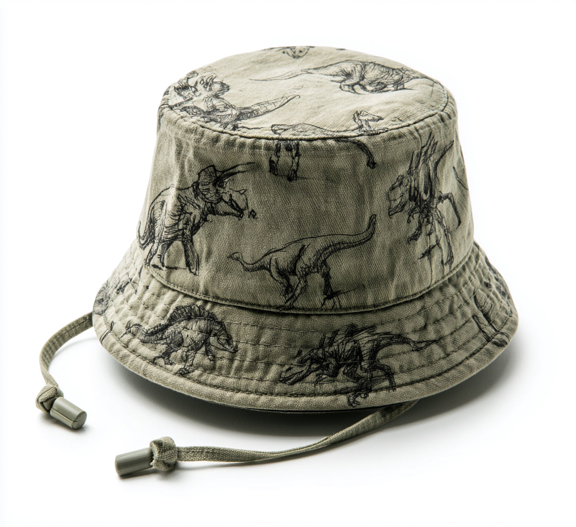 Cappellini per neonati - Cotone-Plastica - 27 x 25 x 14 cm - Verde salvia-Nero-Grigio - Stile dinosauri con tesa morbida e laccio