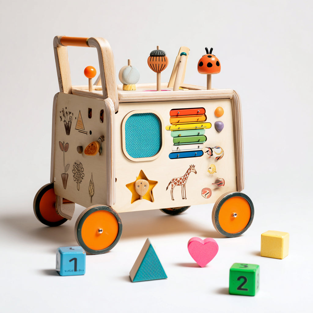 Girello per bambini - legno-tessuto-metallo - 54x36x52 cm - legno naturale-arancione-turchese-verde - educativo con maniglione e ruote