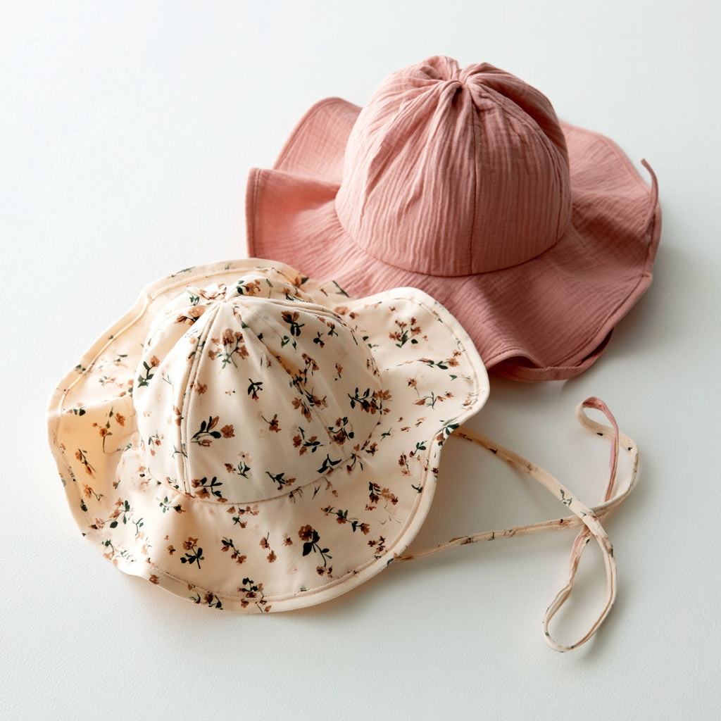 Cappellini per neonati - Cotone - 30 x 29 x 15 cm - Avorio-Rosa antico-Verde scuro-Marrone chiaro - Floreale e tinta unita con tesa morbida e lacci