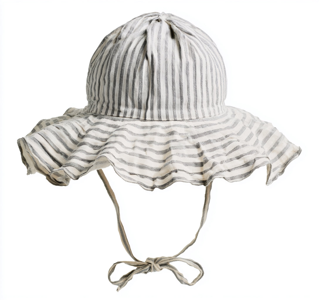 Cappellini per neonati - Cotone - 31 x 29 x 16 cm - Grigio chiaro-Bianco - A righe con tesa ondulata e lacci