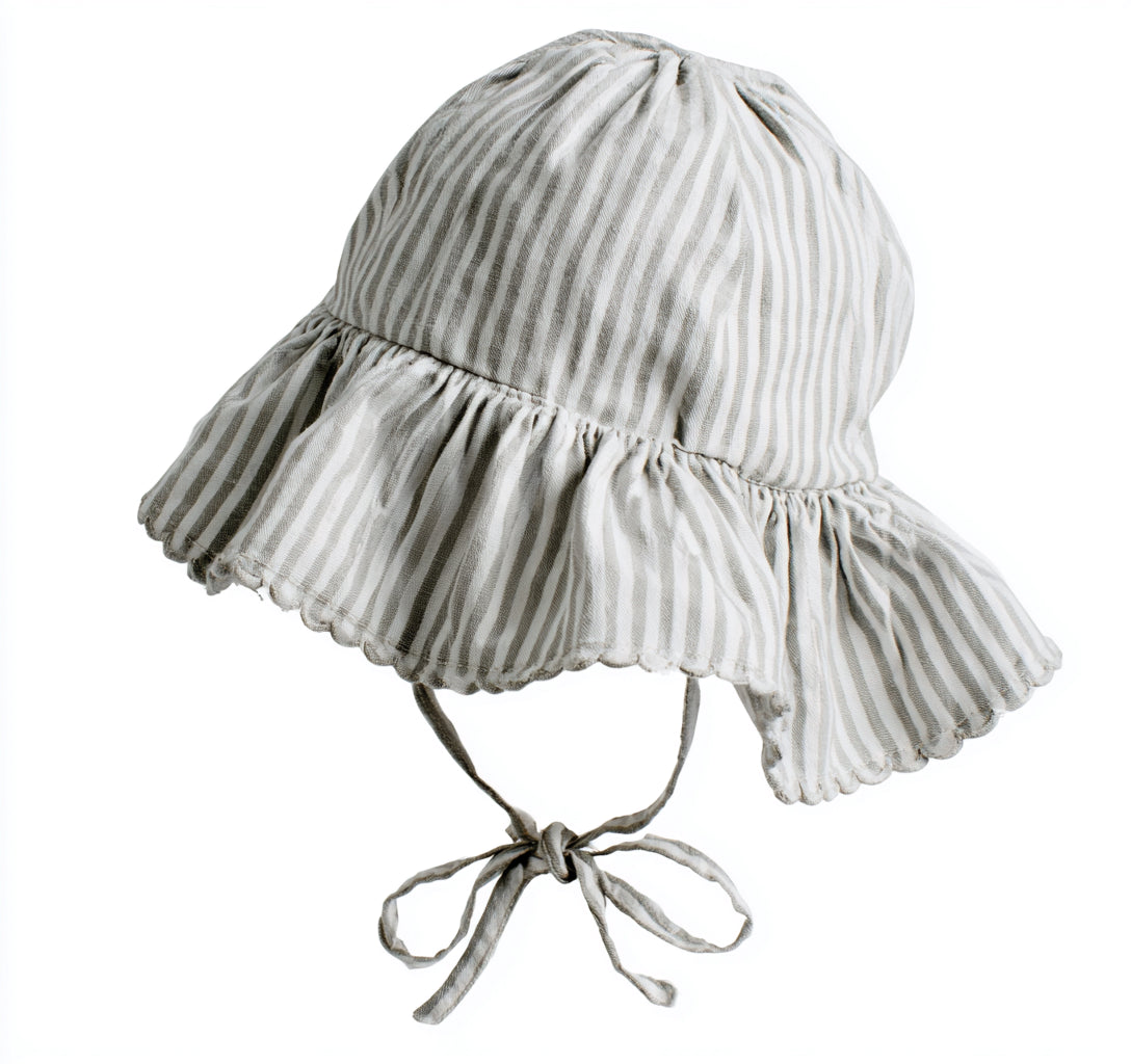 Cappellini per neonati - Cotone - 29 x 28 x 15 cm - Grigio chiaro-Bianco - A righe con tesa ondulata e lacci