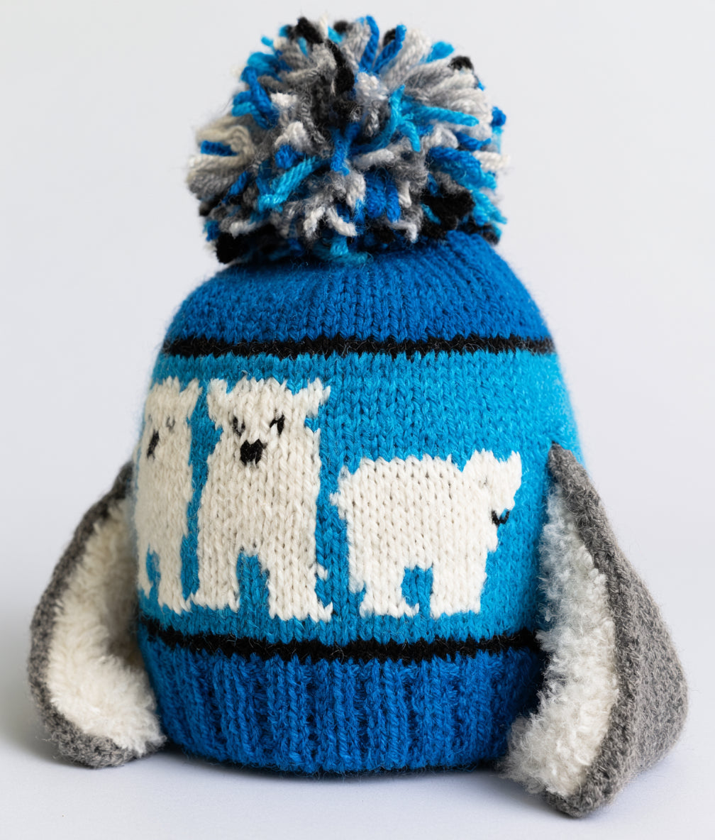 Cappelli invernali - fibra acrilica-pelliccia sintetica - 28 x 25 cm - blu-bianco-grigio-nero - stile casual con motivo orsetti e paraorecchie